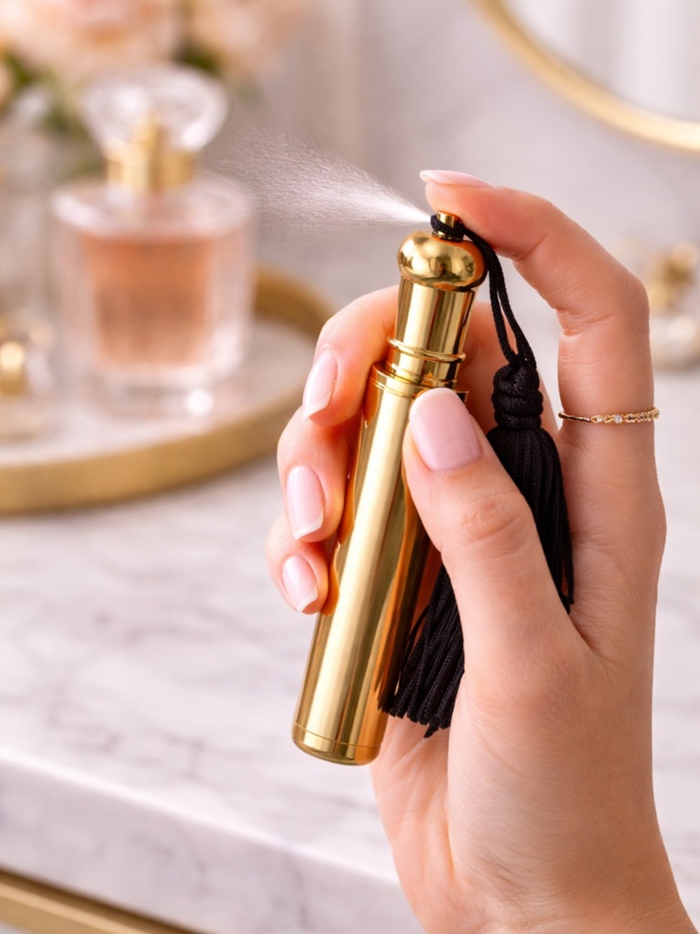 MARY KAY Travel Perfume Atomizer Refillable Spray Vintage Gold Tassel Purse Bag